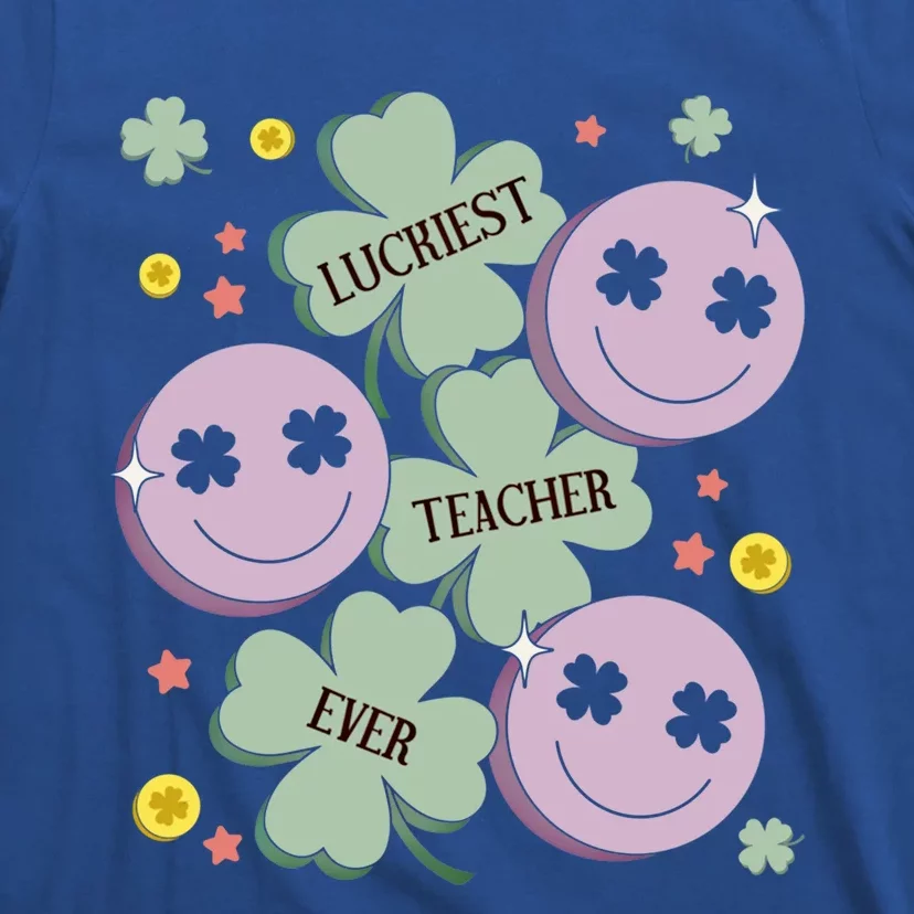 Retro Luckiest Teacher Educator Smile Face St Patrick's Day Funny Gift T-Shirt