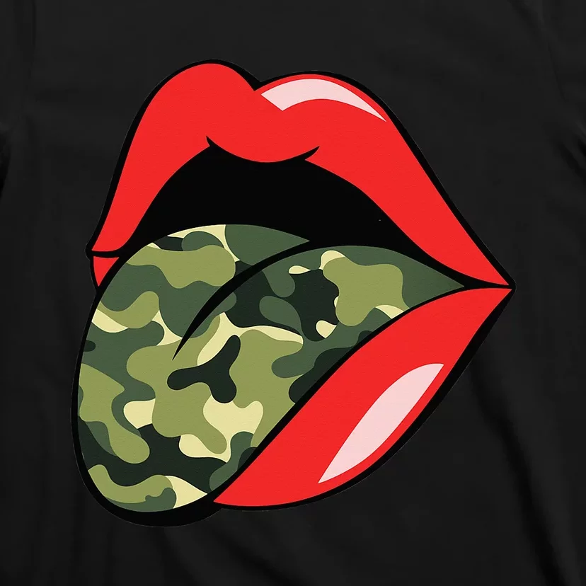 Red Lips Tongue Camouflage Military Trendy Grunge T-Shirt