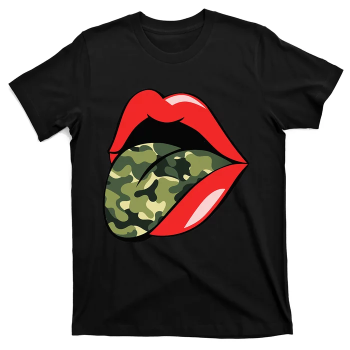 Red Lips Tongue Camouflage Military Trendy Grunge T-Shirt