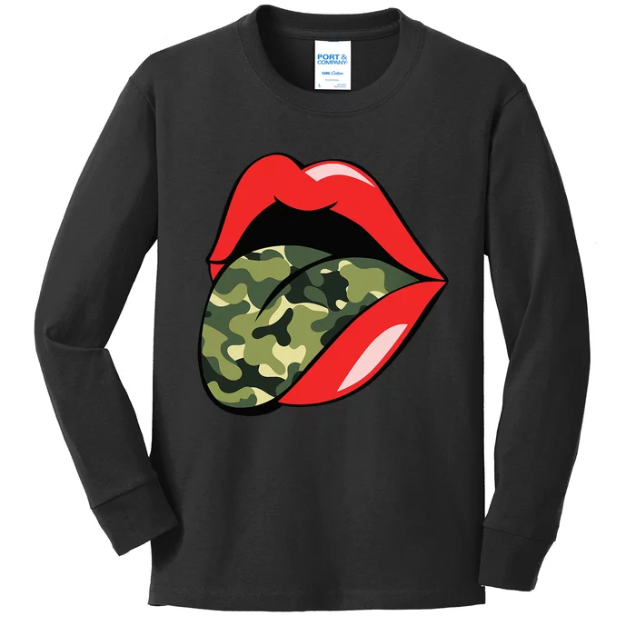 Red Lips Tongue Camouflage Military Trendy Grunge Kids Long Sleeve Shirt