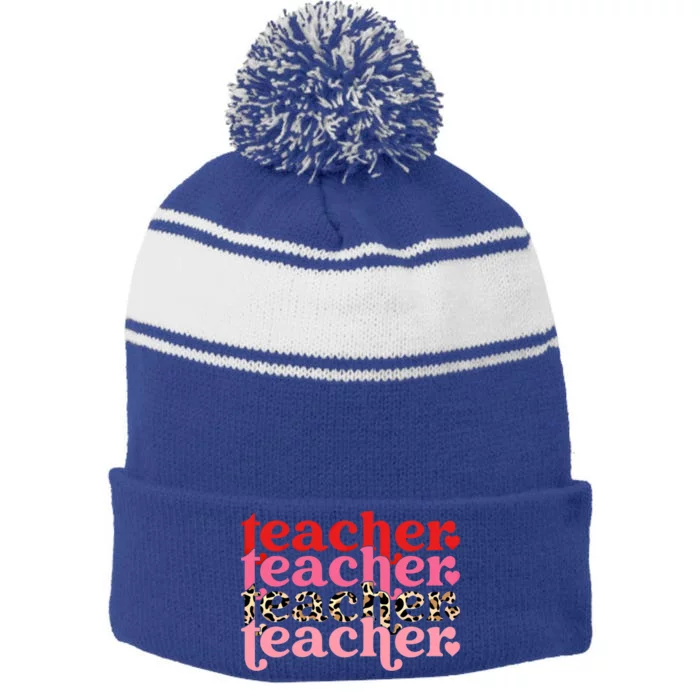 Retro Leopard Teacher Eletary School Great Gift Stripe Pom Pom Beanie