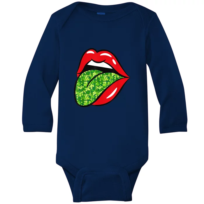 Red Lips Tongue St Patrick's Day Green Saint Paddys Baby Long Sleeve Bodysuit