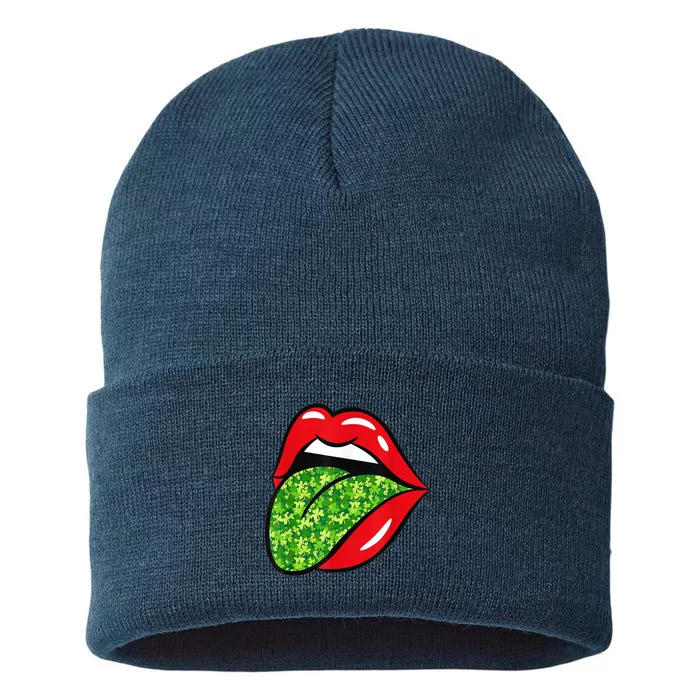 Red Lips Tongue St Patrick's Day Green Saint Paddys Sustainable Knit Beanie