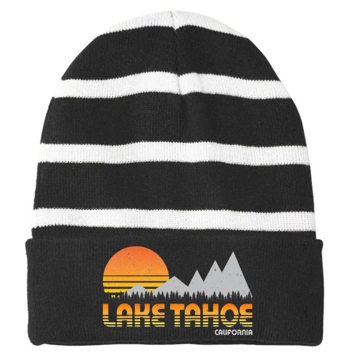 Retro Lake Tahoe California Striped Beanie with Solid Band