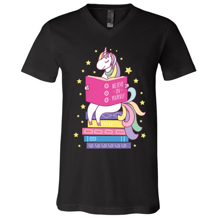 Reading Library Unicorn Read Books Lover Reader Gift V-Neck T-Shirt