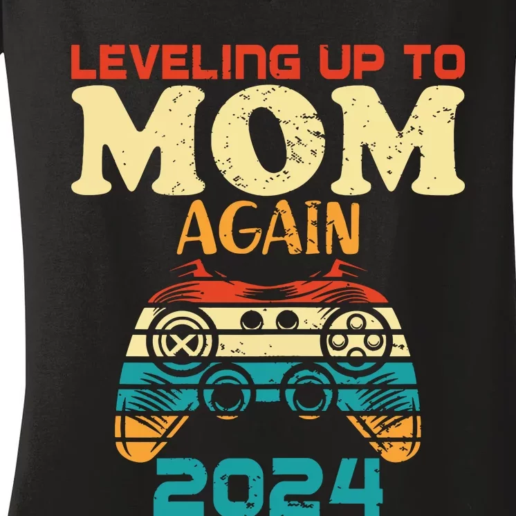 Retro Leveling Up To Mom Again 2024 Promoted To Mommy Women's V-Neck T-Shirt