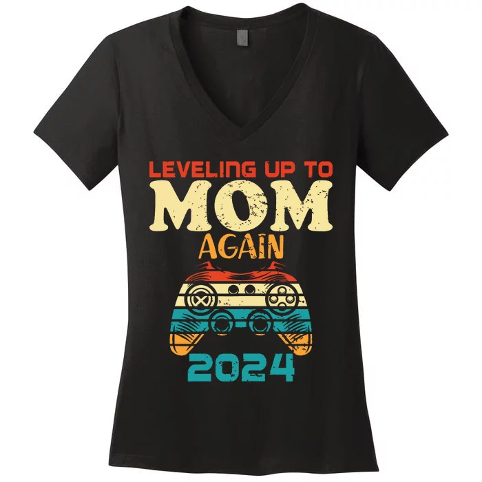 Retro Leveling Up To Mom Again 2024 Promoted To Mommy Women's V-Neck T-Shirt