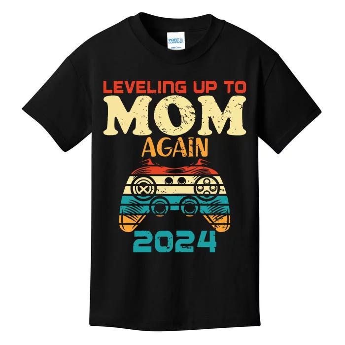 Retro Leveling Up To Mom Again 2024 Promoted To Mommy Kids T-Shirt