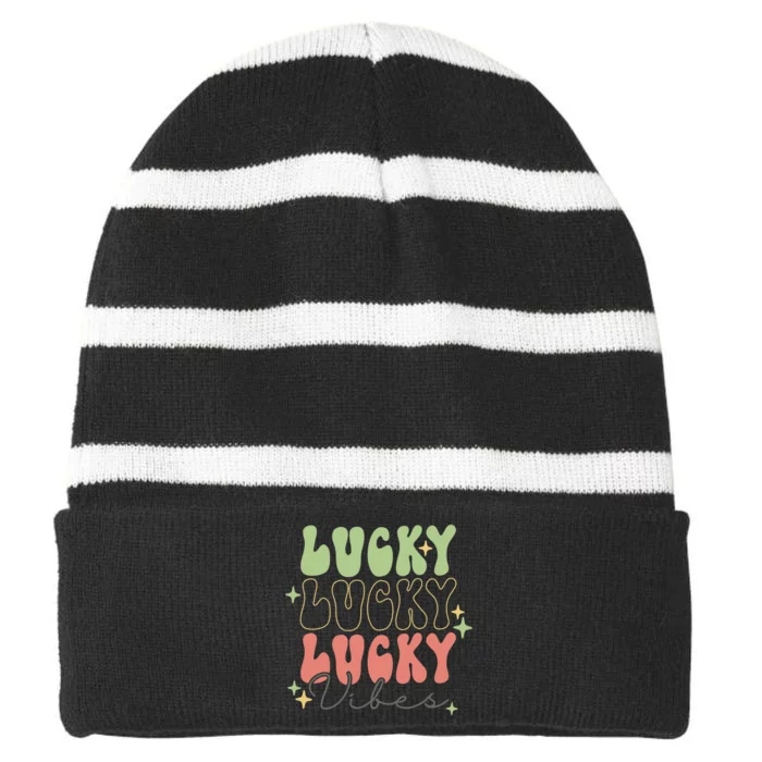 Retro Lucky Vibes Groovy St Patrick Day Irish Shamrock Striped Beanie with Solid Band