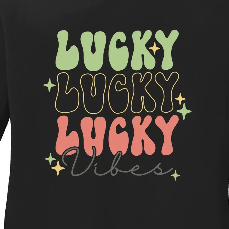 Retro Lucky Vibes Groovy St Patrick Day Irish Shamrock Ladies Long Sleeve Shirt