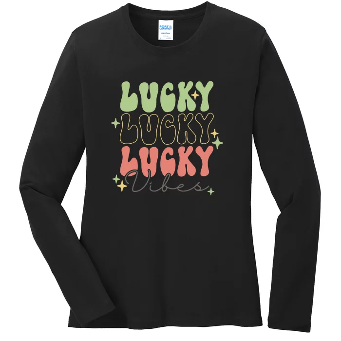 Retro Lucky Vibes Groovy St Patrick Day Irish Shamrock Ladies Long Sleeve Shirt