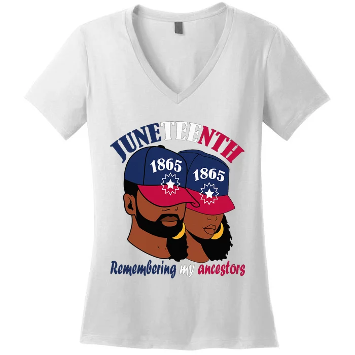 Remembering My Ancestors Juneteenth flag blue red white Women's V-Neck T-Shirt