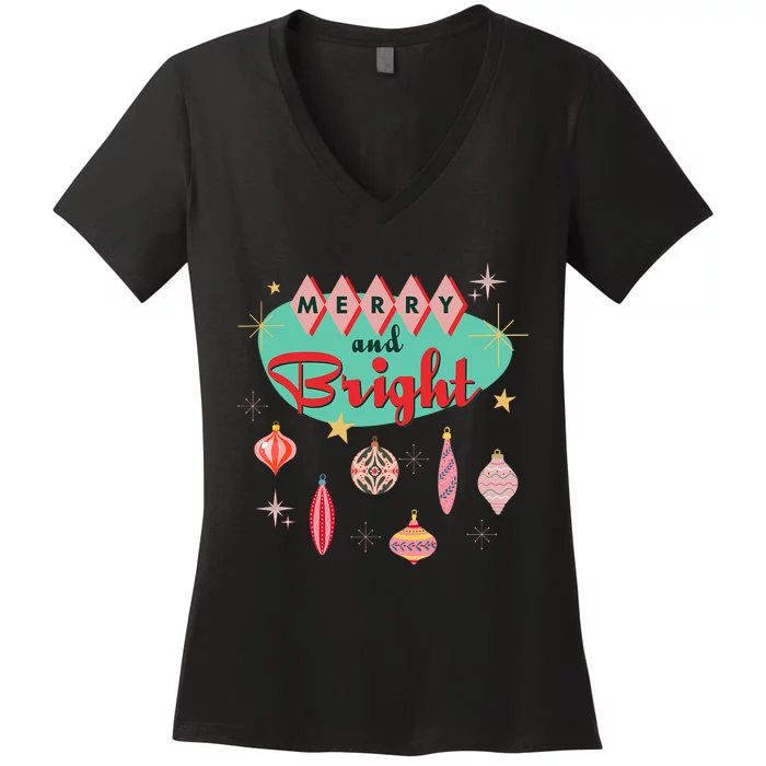 Retro Merry And Bright Mid Century Modern Christmas Ornament Women's V-Neck T-Shirt