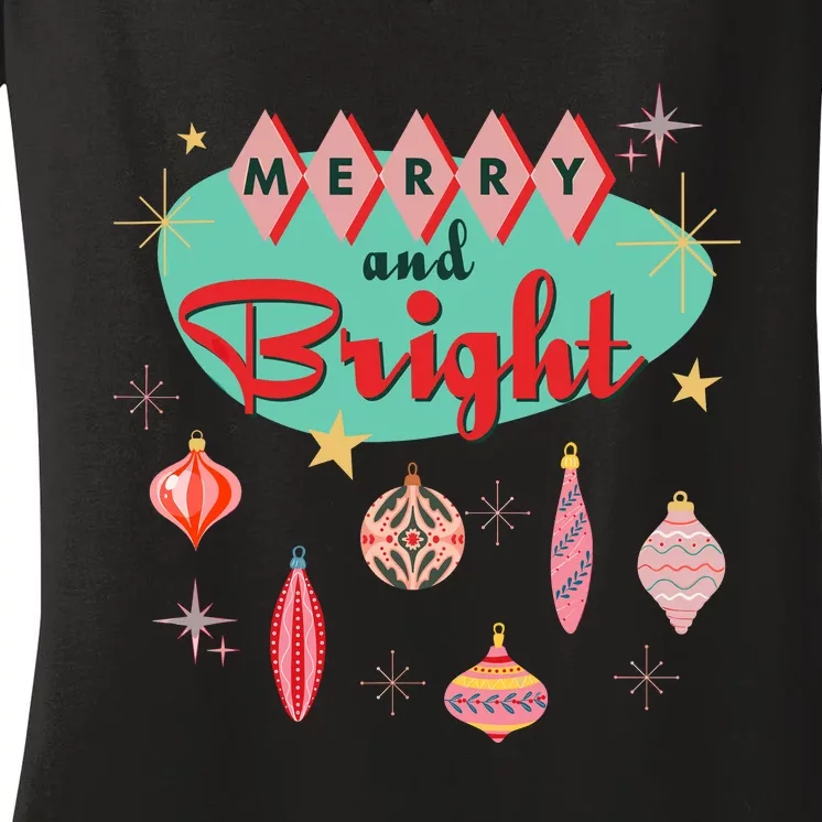 Retro Merry And Bright Midcentury Modern Christmas Ornament Women's V-Neck T-Shirt