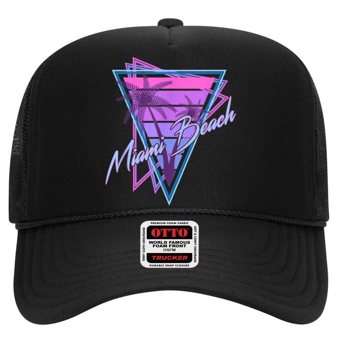 Retro Miami Beach Vintage 80s Beach Souvenir High Crown Mesh Trucker Hat