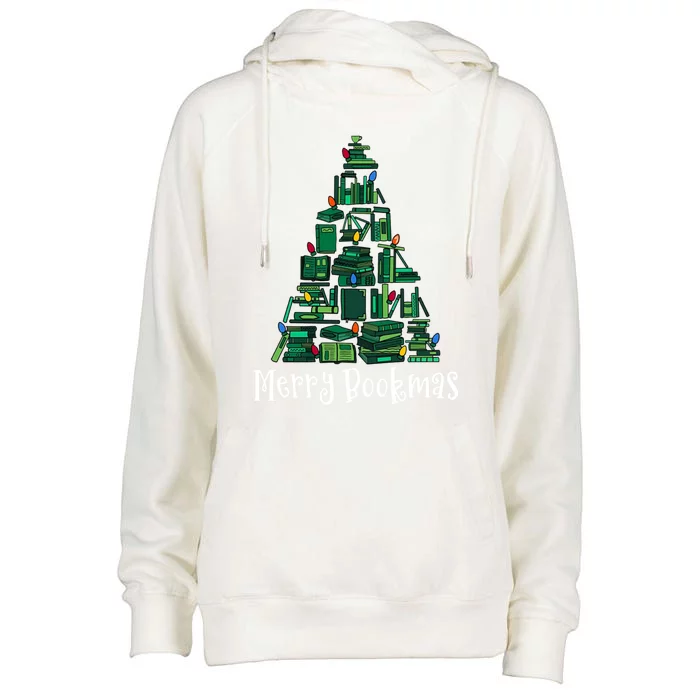 Retro Merry Bookmas Book Tree Christmas Holiday Book Lovers Gift Womens Funnel Neck Pullover Hood