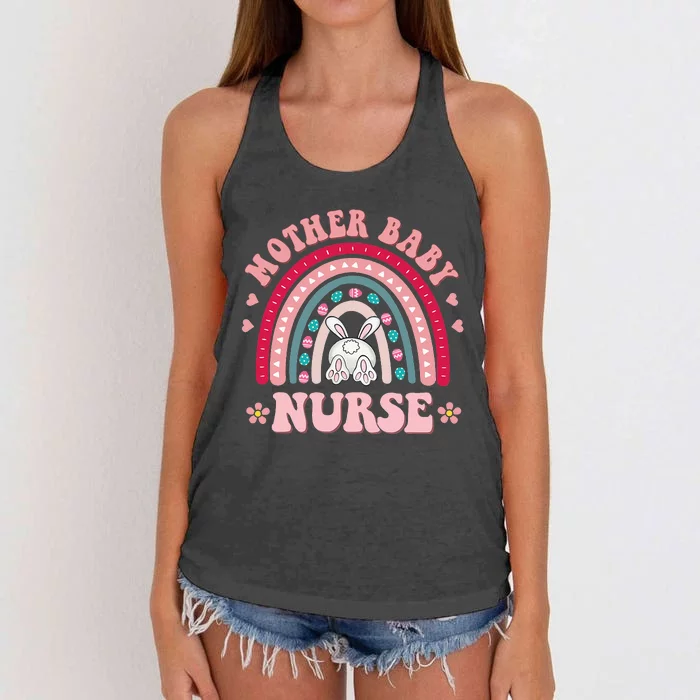 Retro Mother Baby Nurse Rainbow Bunny Easter Day Women's Knotted Racerback Tank