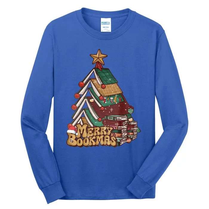 Retro Merry Bookmas Christmas Book Tree Bookworm Gift Tall Long Sleeve T-Shirt