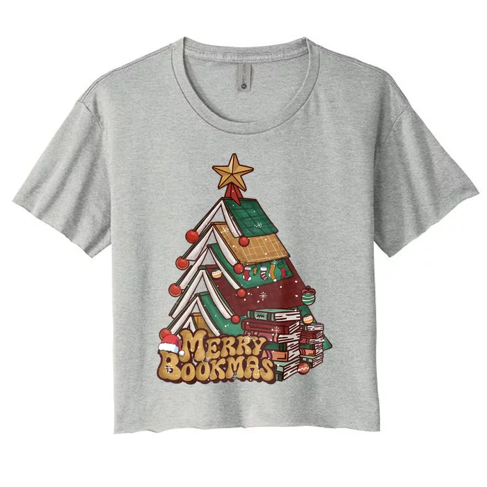 Retro Merry Bookmas Christmas Book Tree Bookworm Gift Women's Crop Top Tee