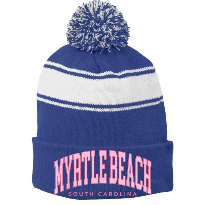 Retro Myrtle Beach, South Carolina beach wo girl summer Stripe Pom Pom Beanie