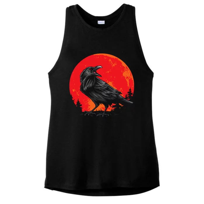 Red Moon Black Crow Gothic Animal Bird Spooky Forest Raven Ladies Tri-Blend Wicking Tank