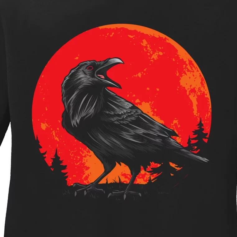 Red Moon Black Crow Gothic Animal Bird Spooky Forest Raven Ladies Long Sleeve Shirt