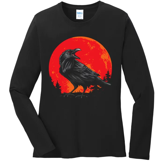 Red Moon Black Crow Gothic Animal Bird Spooky Forest Raven Ladies Long Sleeve Shirt