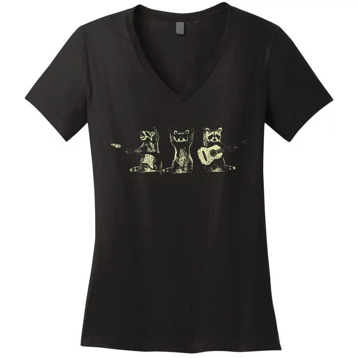 Raccoon Music Band Electric Acoustic Guitar Racoons Women's V-Neck T-Shirt