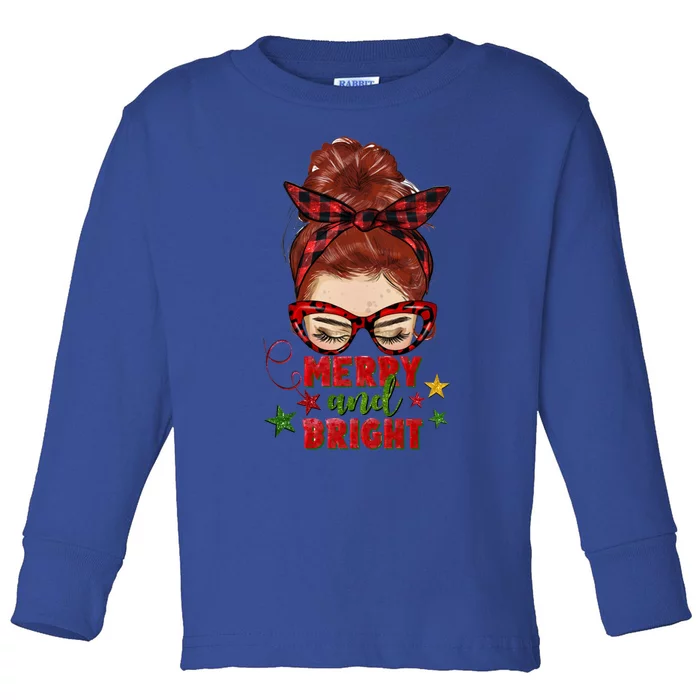 Redhead Messy Bun Merry And Bright Christmas Holiday Pajamas Cute Gift Toddler Long Sleeve Shirt