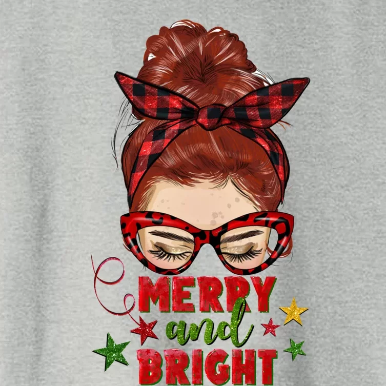 Redhead Messy Bun Merry And Bright Christmas Holiday Pajamas Cute Gift Women's Crop Top Tee