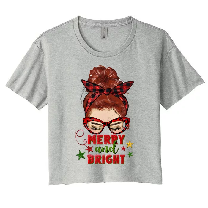 Redhead Messy Bun Merry And Bright Christmas Holiday Pajamas Cute Gift Women's Crop Top Tee