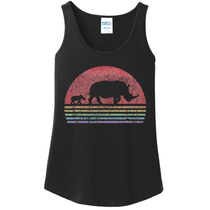 Rhino Mom Baby Rhinoceros Mother Child Mama Retro Sunset Ladies Essential Tank