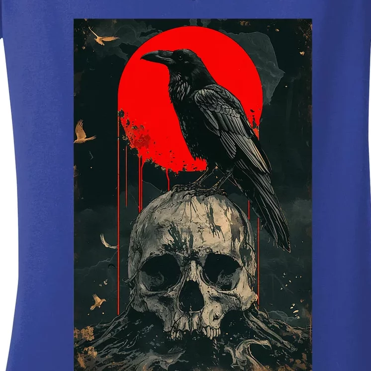 Red Moon Black Gothic Raven Skull Graphic Black Crow Women's V-Neck T-Shirt