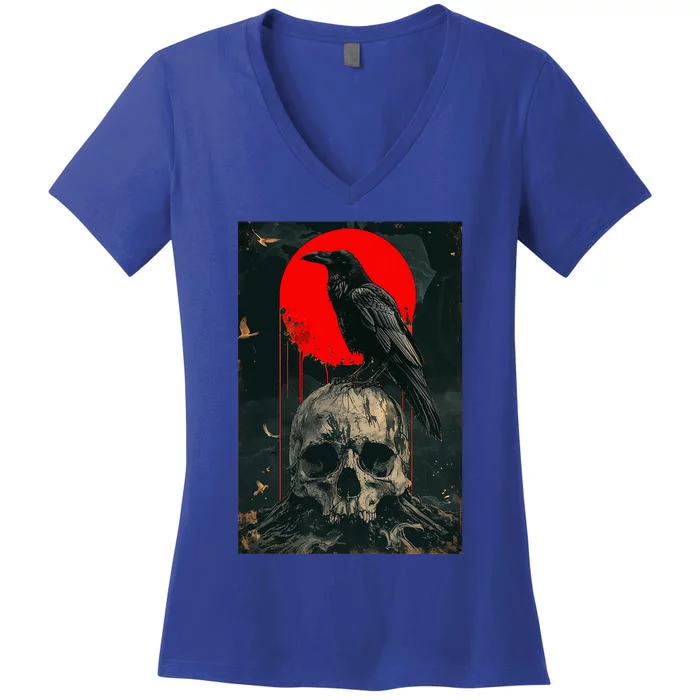 Red Moon Black Gothic Raven Skull Graphic Black Crow Women's V-Neck T-Shirt