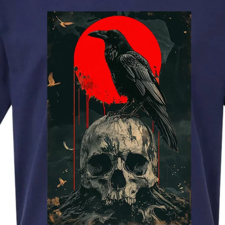 Red Moon Black Gothic Raven Skull Graphic Black Crow Sueded Cloud Jersey T-Shirt