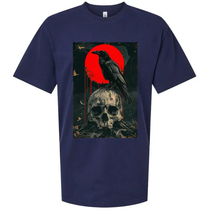 Red Moon Black Gothic Raven Skull Graphic Black Crow Sueded Cloud Jersey T-Shirt