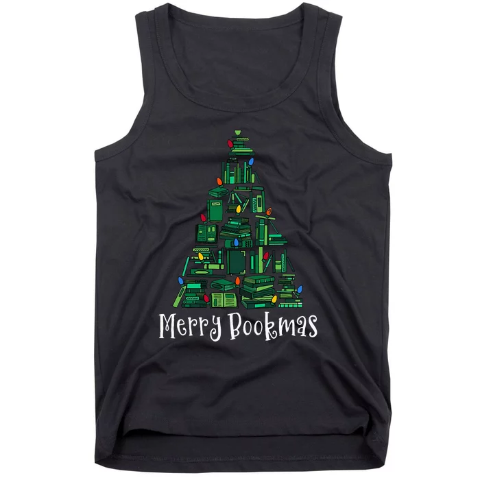 Retro Merry Bookmas Book Tree Christmas Holiday Book Lovers Tank Top