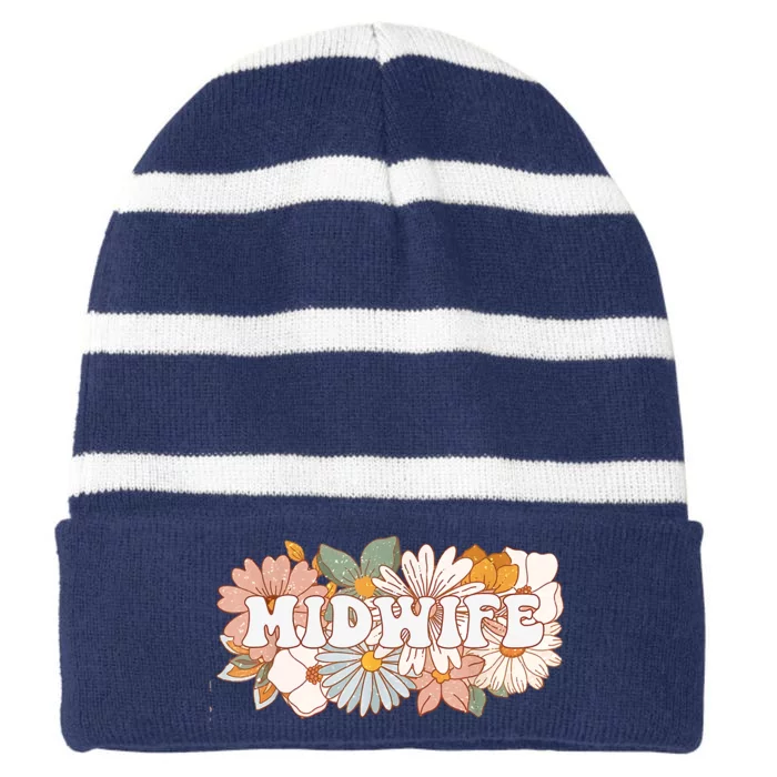 Retro Midwife Boho Flowers Labor And Delivery Nurse Striped Beanie with Solid Band