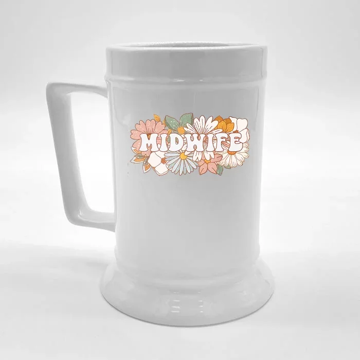 Retro Midwife Boho Flowers Labor And Delivery Nurse Front & Back Beer Stein