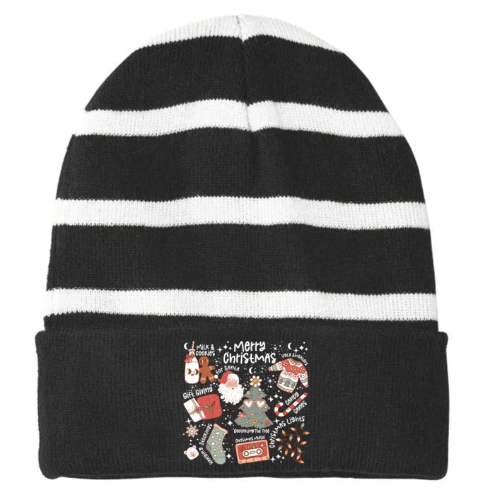 Retro Merry Christmas Vibes Retro Santa Claus Striped Beanie with Solid Band