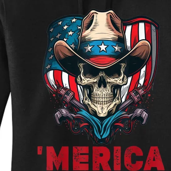 Retro Merica Cowboy Skull American Flag 4th Of July Women's Pullover Hoodie