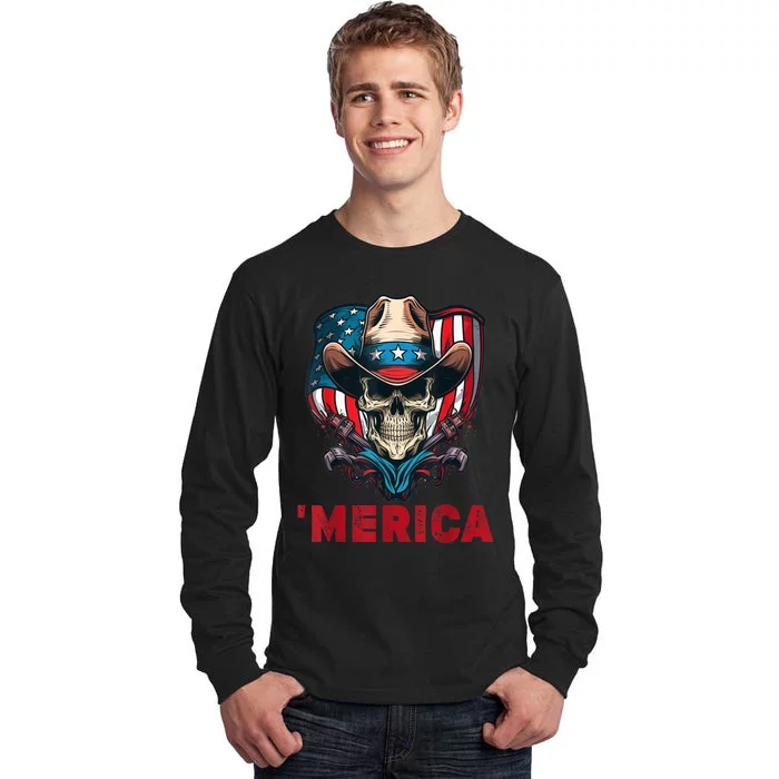 Retro Merica Cowboy Skull American Flag 4th Of July Tall Long Sleeve T-Shirt