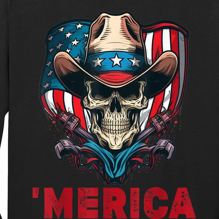 Retro Merica Cowboy Skull American Flag 4th Of July Tall Long Sleeve T-Shirt