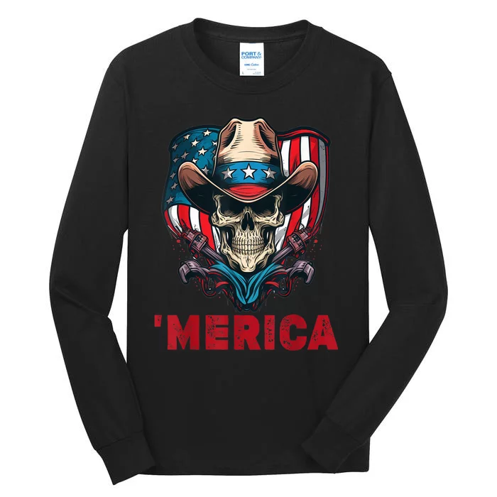 Retro Merica Cowboy Skull American Flag 4th Of July Tall Long Sleeve T-Shirt