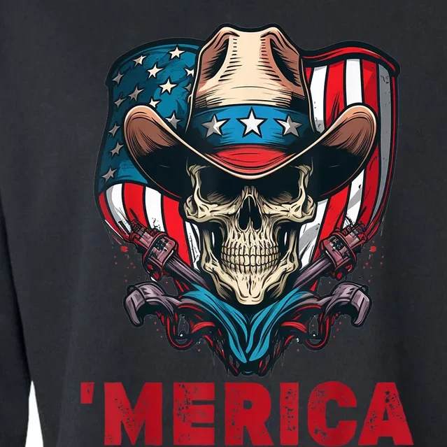 Retro Merica Cowboy Skull American Flag 4th Of July Cropped Pullover Crew