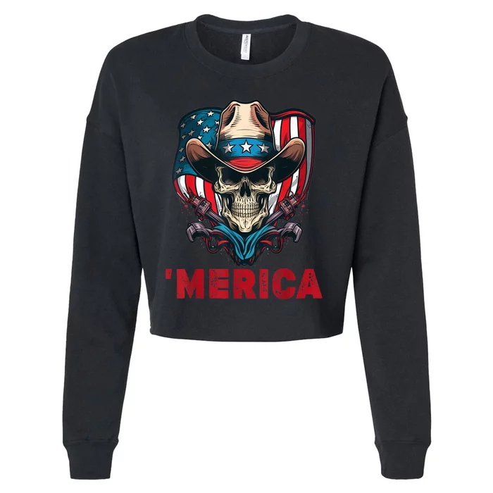 Retro Merica Cowboy Skull American Flag 4th Of July Cropped Pullover Crew