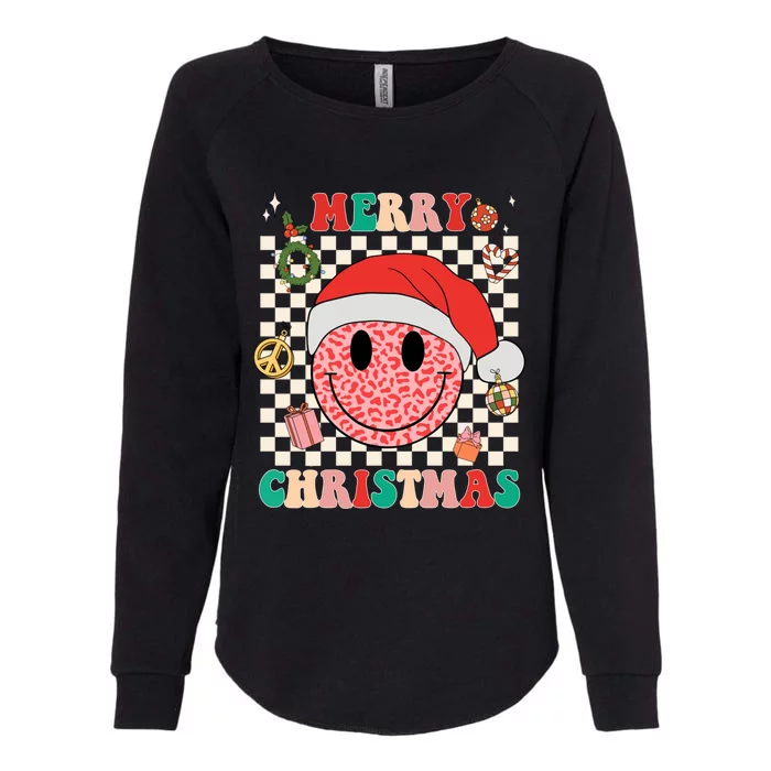 Retro Merry Christmas Happy Face Leopard Smile Face Trendy Gift Womens California Wash Sweatshirt