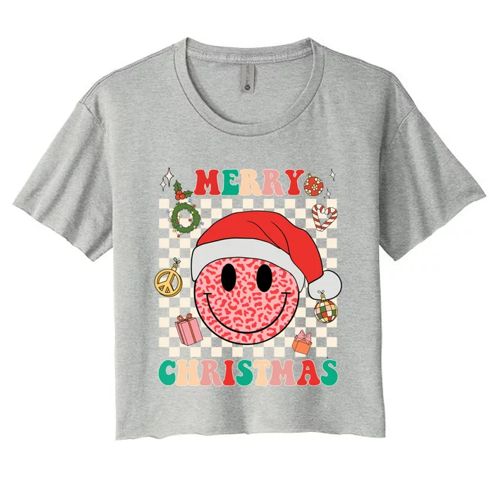 Retro Merry Christmas Happy Face Leopard Smile Face Trendy Gift Women's Crop Top Tee