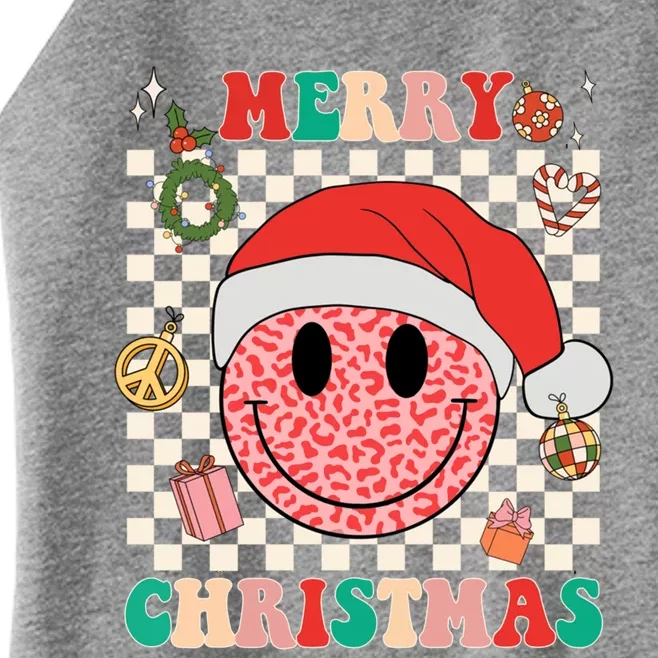 Retro Merry Christmas Happy Face Leopard Smile Face Trendy Gift Women’s Perfect Tri Rocker Tank