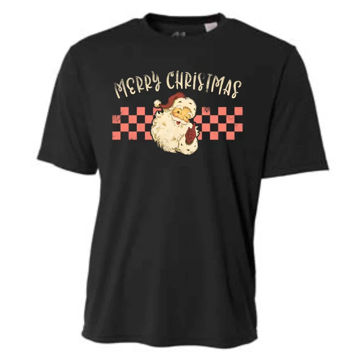 Retro Merry Christmas Vintage Checkered Santa Xmas Gift Cooling Performance Crew T-Shirt